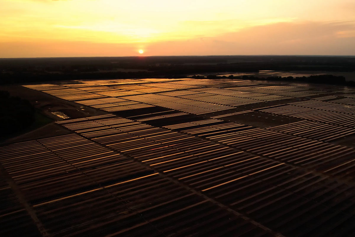 Sunset of rows of solar panels